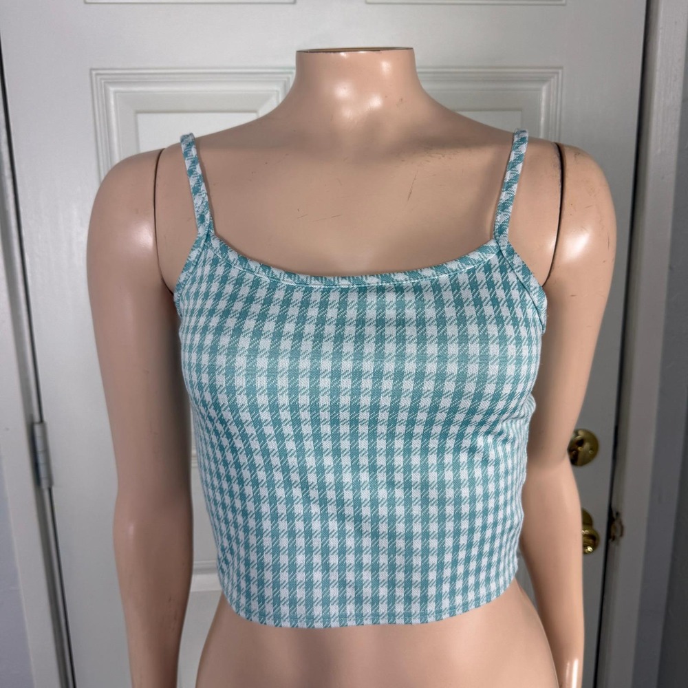 Vintage Y2K Shirt Brit & Bri USA Made Crop Top Gingham Plaid Polyester Rayon EE7